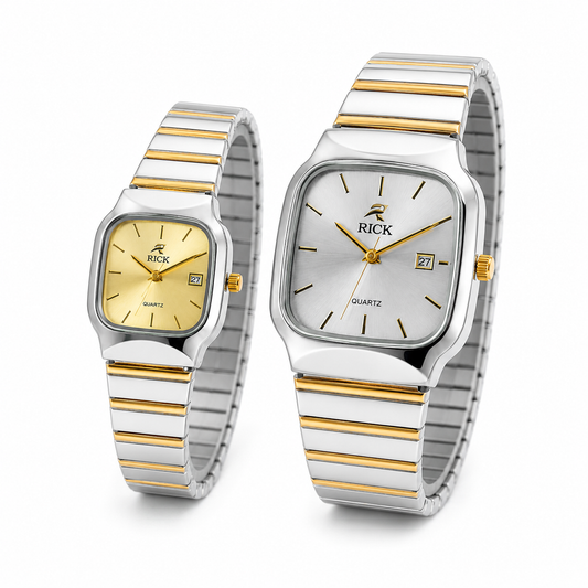 RICK Dual-Tone Square Edition Couple Watches – Silver & Gold Quartz Pair