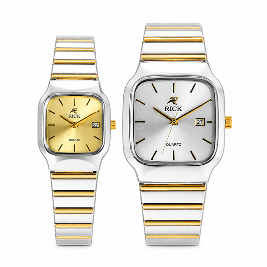 RICK Dual-Tone Square Edition Couple Watches – Silver & Gold Quartz Pair