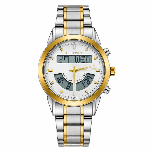 BESTWIN Dual-Display Ana-Digital Watch – Two-Tone Silver & Gold