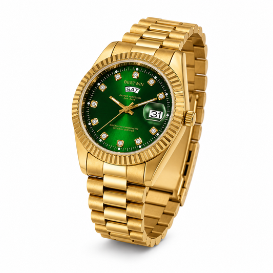 BESTWIN Presidential Day-Date Quartz Watch – Emerald Green Dial & Gold Steel