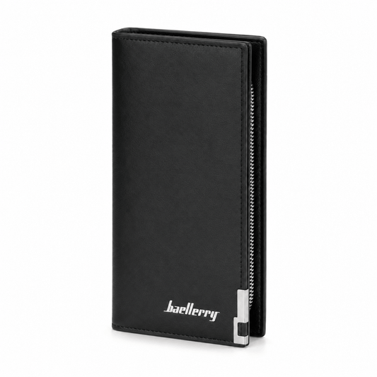 Baellerry Premium Black Leather Long Wallet for Men | Slim Business Checkbook & Zip Pocket Wallet