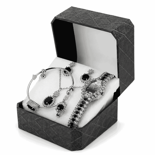 Luxury Crystal Watch & Black Onyx-Style Jewelry Gift Set
