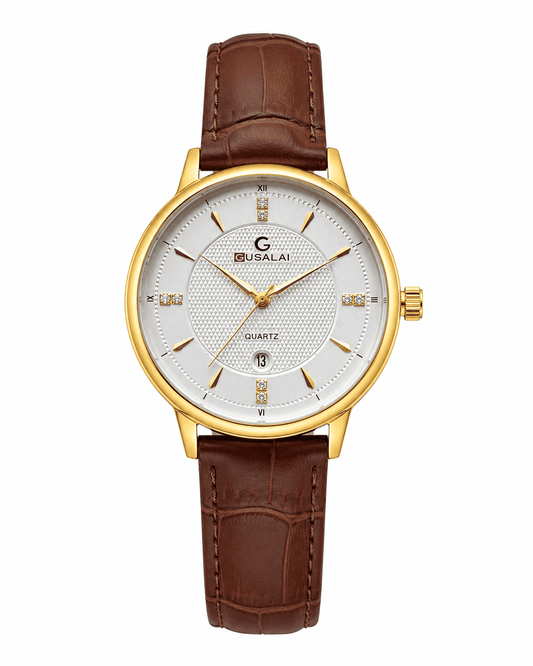 GUSALAI Diamond-Accent Gold Quartz Watch – Brown Crocodile Leather Strap
