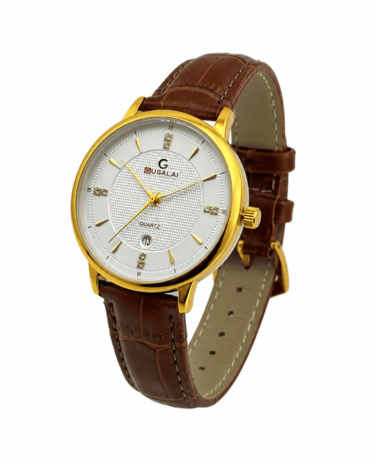 GUSALAI Diamond-Accent Gold Quartz Watch – Brown Crocodile Leather Strap