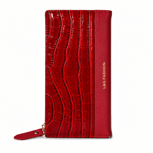 L&Q Fashion Red Crocodile Pattern Long Wallet for Women | Zip-Around Clutch Purse