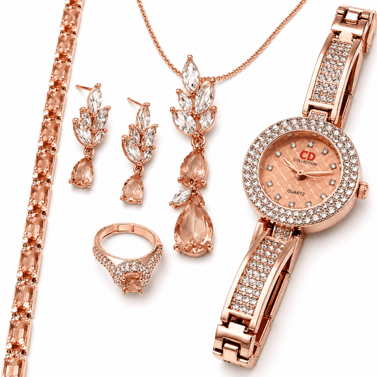 Rose Gold Crystal Watch & Champagne Morganite Jewelry Gift Set