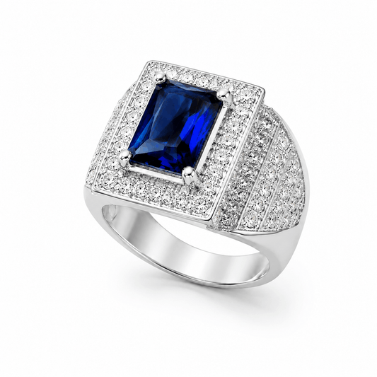 Sterling Silver Blue Sapphire Gemstone Ring for Men | Luxury Emerald Cut Pave Diamond Cocktail Ring