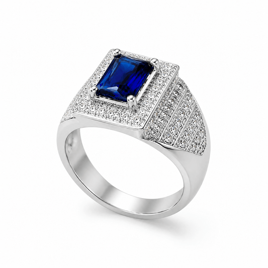 Sterling Silver Blue Sapphire Gemstone Ring for Men | Luxury Emerald Cut Pave Diamond Cocktail Ring