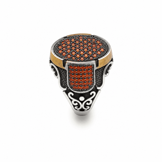 Sterling Silver Orange Zirconia Stone Signet Ring for Men | Vintage Ottoman Style Pave Ring