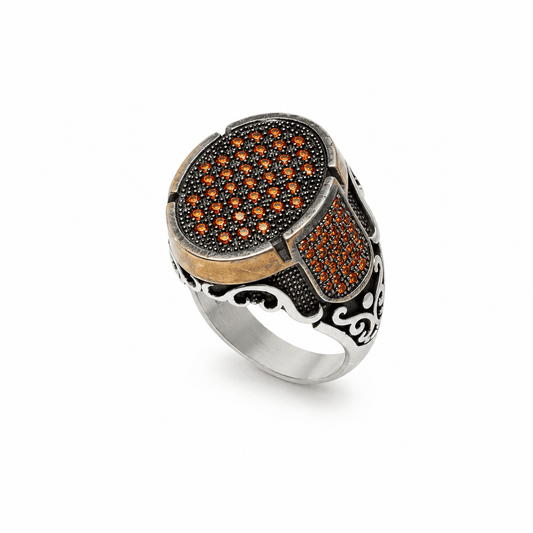 Sterling Silver Orange Zirconia Stone Signet Ring for Men | Vintage Ottoman Style Pave Ring
