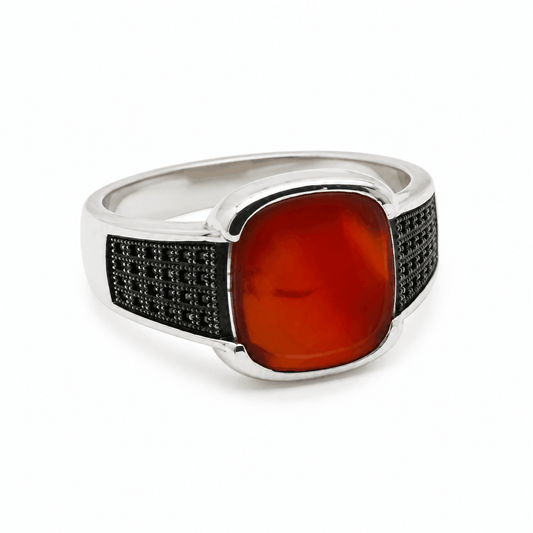 Sterling Silver Red Agate Gemstone Ring for Men | Vintage Cushion Cut Signet Ring with Black Accents