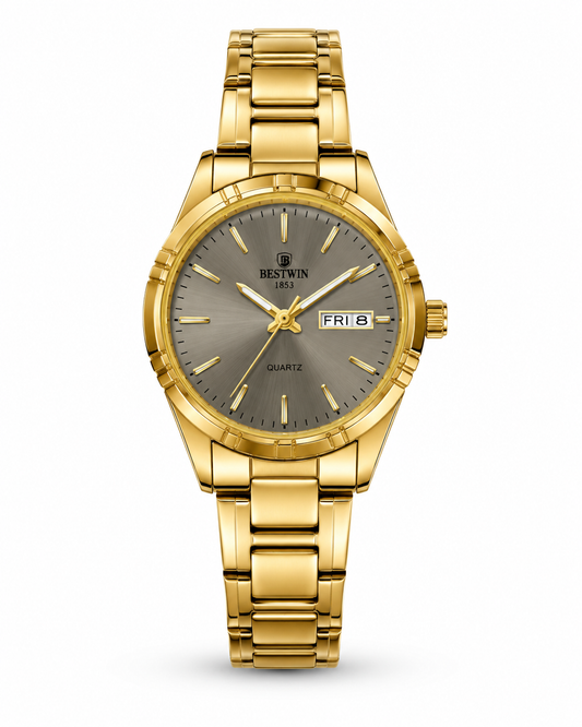 BESTWIN Luxury Gold Steel Quartz Watch with Day & Date Display