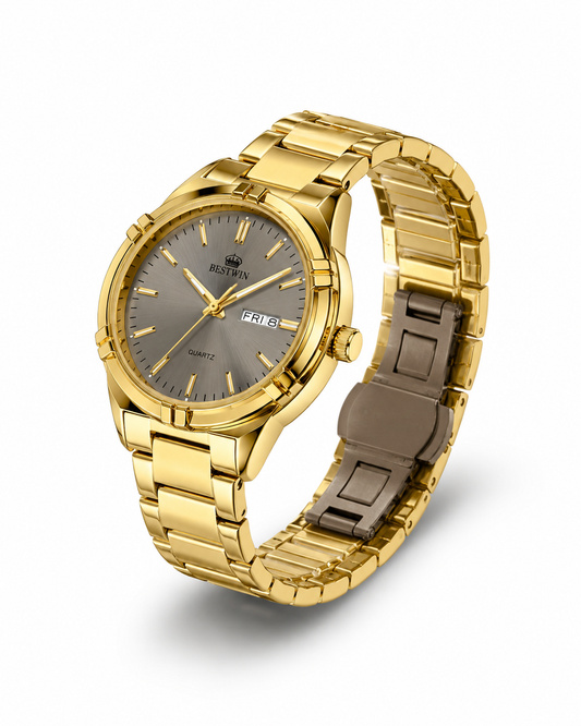 BESTWIN Luxury Gold Steel Quartz Watch with Day & Date Display