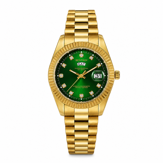 BESTWIN Presidential Day-Date Quartz Watch – Emerald Green Dial & Gold Steel