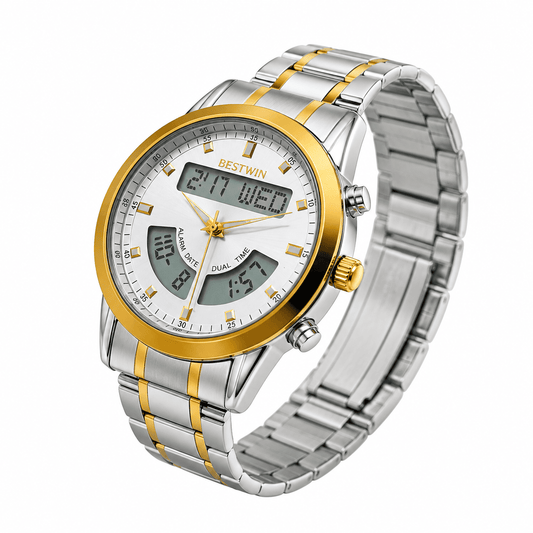 BESTWIN Dual-Display Ana-Digital Watch – Two-Tone Silver & Gold