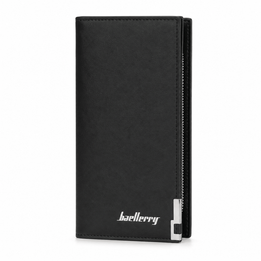 Baellerry Premium Black Leather Long Wallet for Men | Slim Business Checkbook & Zip Pocket Wallet
