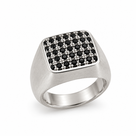 Sterling Silver Black Diamond Pave Signet Ring for Men | Modern Square Cluster Statement Ring