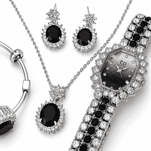 Luxury Crystal Watch & Black Onyx-Style Jewelry Gift Set
