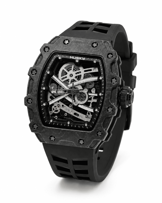 HUSKY Carbon Tonneau Skeleton Sports Watch – Black Silicone Strap