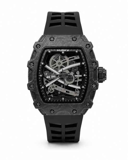 HUSKY Carbon Tonneau Skeleton Sports Watch – Black Silicone Strap