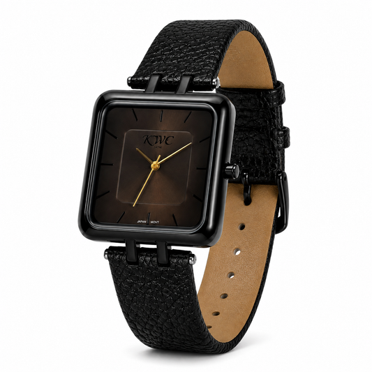 KOWC Vintage Square Smoky Brown Quartz Watch – Textured Black Leather Strap