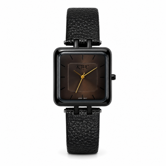KOWC Vintage Square Smoky Brown Quartz Watch – Textured Black Leather Strap