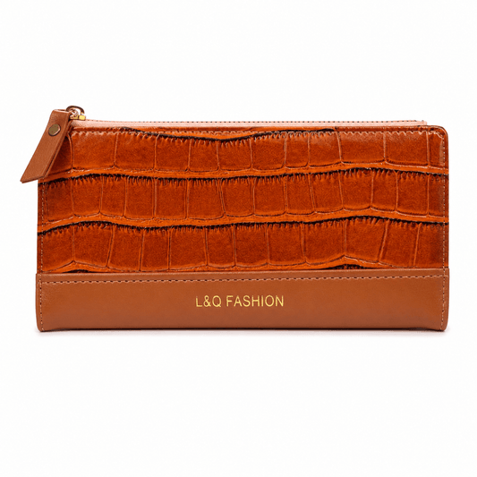 L&Q Fashion Brown Crocodile Pattern Long Wallet for Women | Zip-Around Clutch Purse
