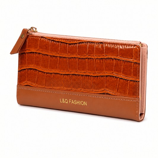 L&Q Fashion Brown Crocodile Pattern Long Wallet for Women | Zip-Around Clutch Purse