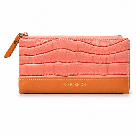 L&Q Fashion Pink Crocodile Pattern Long Wallet for Women | Zip-Around Clutch Purse