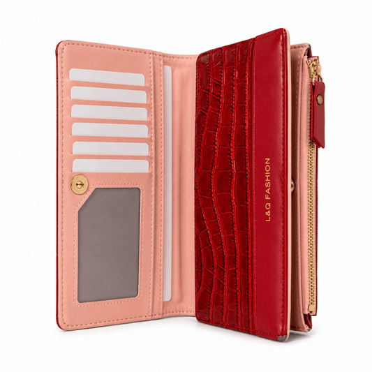 L&Q Fashion Red Crocodile Pattern Long Wallet for Women | Zip-Around Clutch Purse