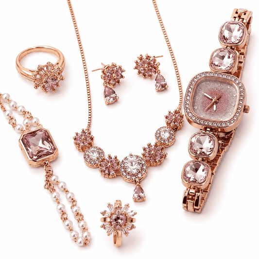 OLEVS Rose Gold Crystal Watch & Pink Floral Jewelry Gift Set