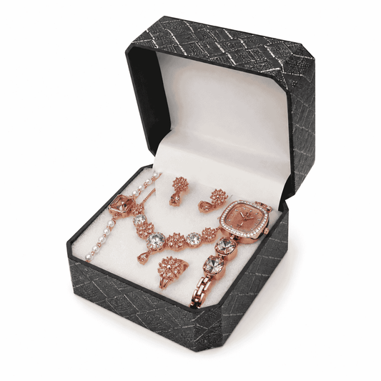 OLEVS Rose Gold Crystal Watch & Pink Floral Jewelry Gift Set
