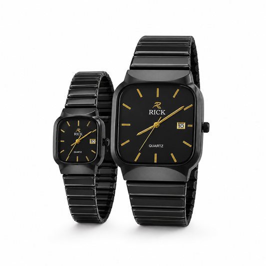 RICK Noir Square Edition Couple Watches – Matching Black & Gold Quartz Pair