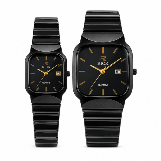 RICK Noir Square Edition Couple Watches – Matching Black & Gold Quartz Pair