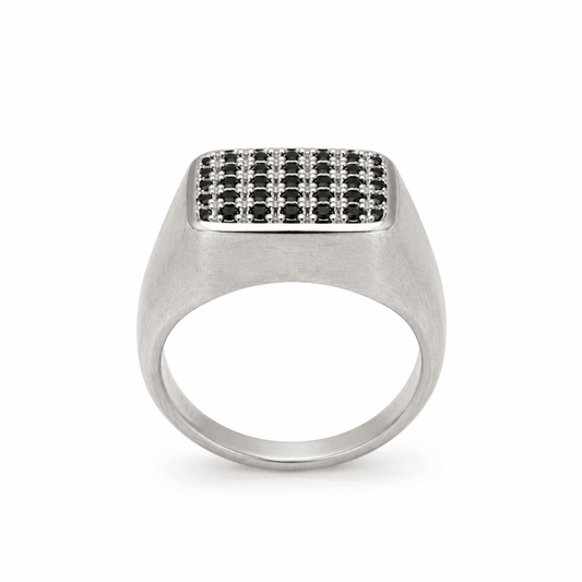Sterling Silver Black Diamond Pave Signet Ring for Men | Modern Square Cluster Statement Ring