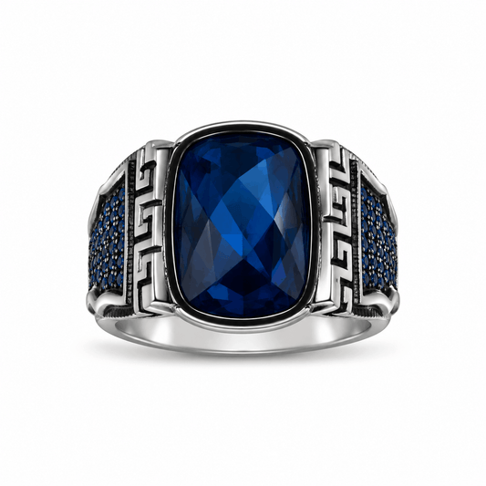 Sterling Silver Blue Sapphire Gemstone Ring for Men | Vintage Greek Key Signet Ring with Blue Pave Accents