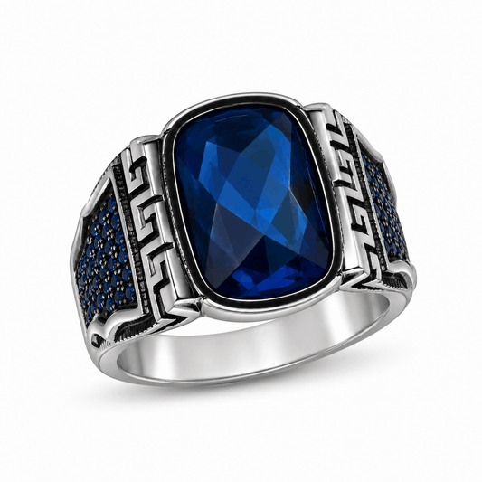 Sterling Silver Blue Sapphire Gemstone Ring for Men | Vintage Greek Key Signet Ring with Blue Pave Accents