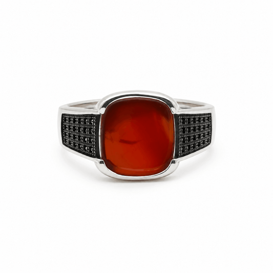 Sterling Silver Red Agate Gemstone Ring for Men | Vintage Cushion Cut Signet Ring with Black Accents