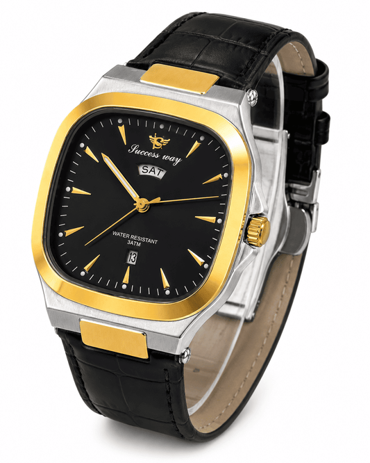 Success Way Nautilus-Style Two-Tone Cushion Watch – Black Crocodile Leather Strap