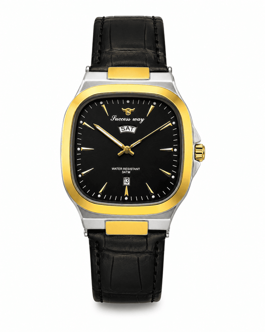 Success Way Nautilus-Style Two-Tone Cushion Watch – Black Crocodile Leather Strap