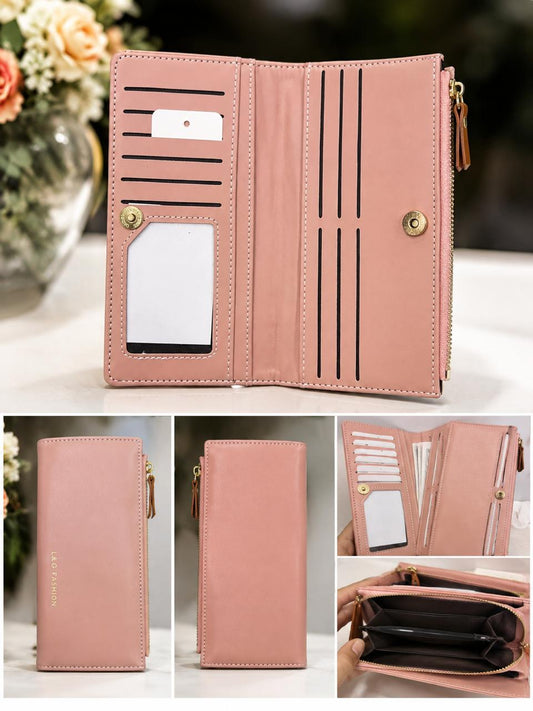 L&G Fashion Slim Multi-Card Long Leather Clutch Wallet for Women – Dusty Rose Pink