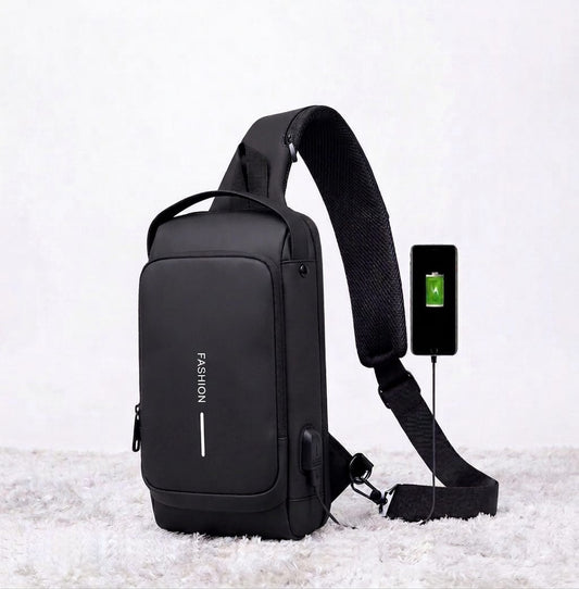 Crossbody Sling Bag with External USB Charging Port – Matte Black