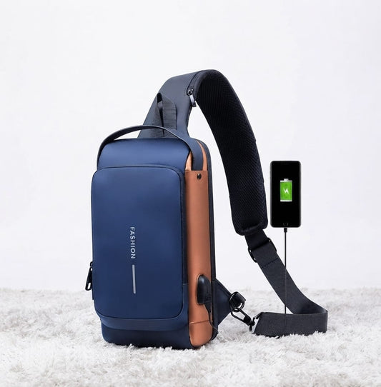 Crossbody Sling Bag with External USB Charging Port – Matte Blue